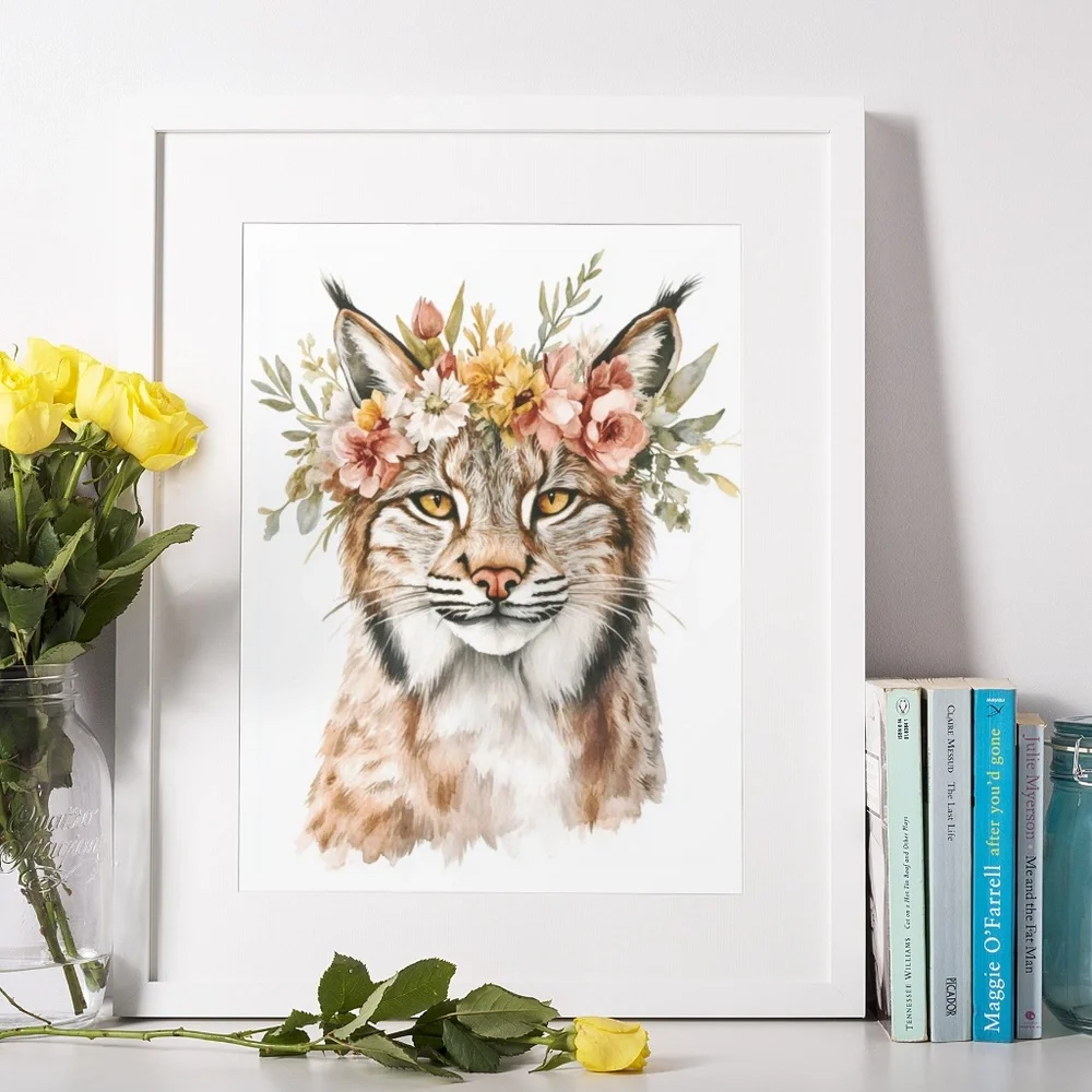 Watercolor Floral Lynx Portrait Wall Art Illustration Print Poster Unframed - Picture 9 of 9